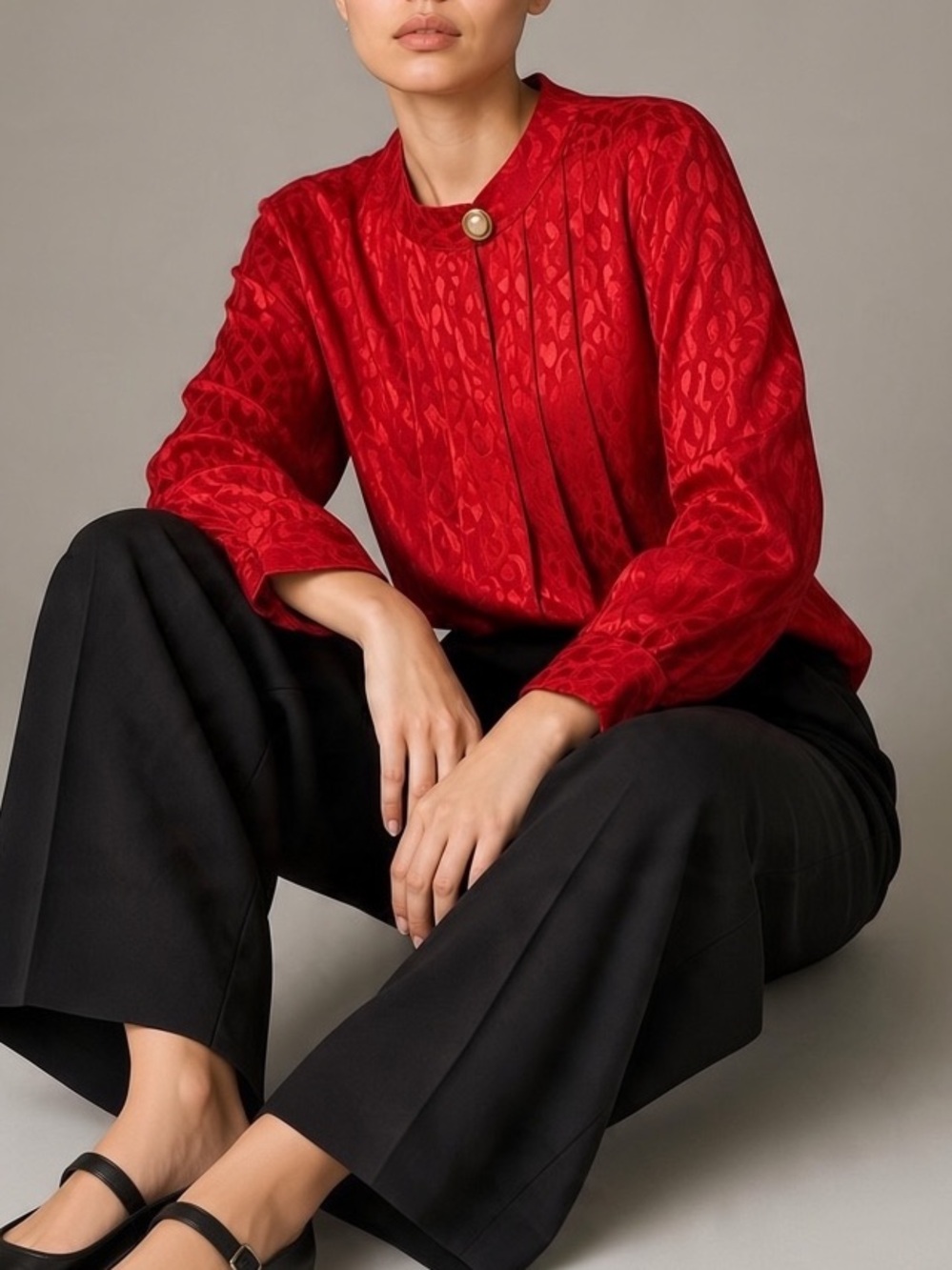 Vintage 90’s Celine Jacquard Pleated Blouse In Red | Size L